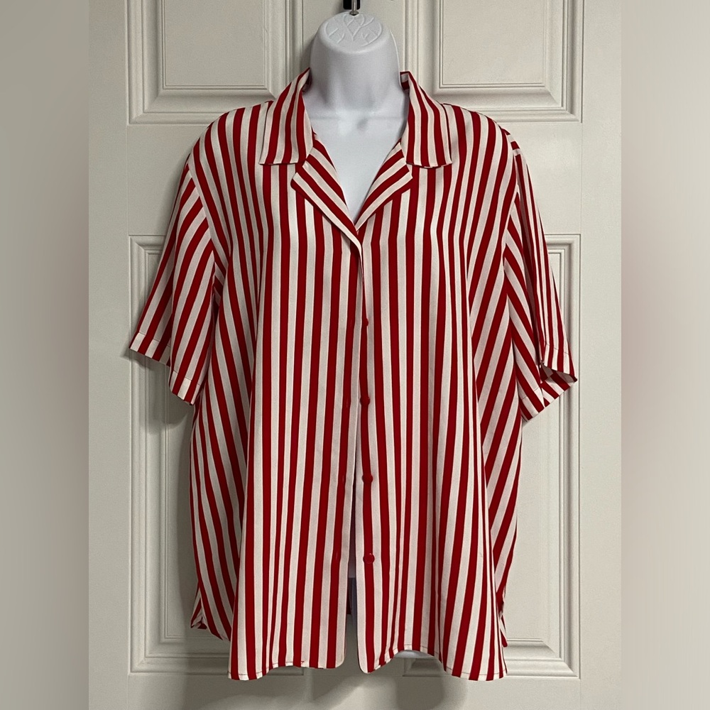 X- Red & White Vertical Stripe Button Front Shirt - image 1
